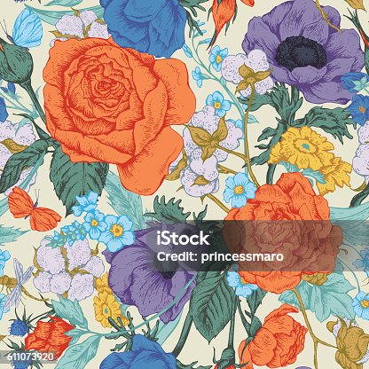 istock Vintage floral vector seamless pattern with roses 611073920