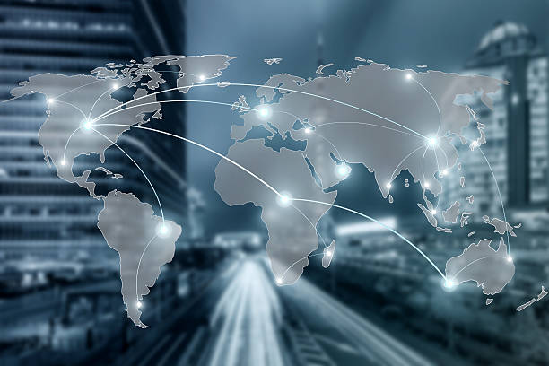 istock Partnership network and world map on blur city 611073964