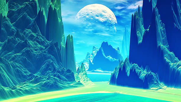 istock Fantasy alien planet. Mountain and lake. 3D illustration 611074150