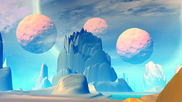 istock Fantasy alien planet. Mountain and lake. 3D illustration 611074246