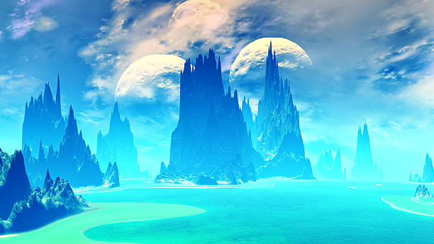 istock Fantasy alien planet. Mountain and lake. 3D illustration 611074280