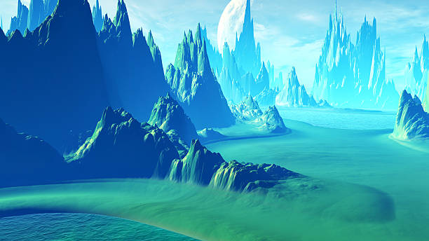 istock Fantasy alien planet. Mountain and lake. 3D illustration 611074406