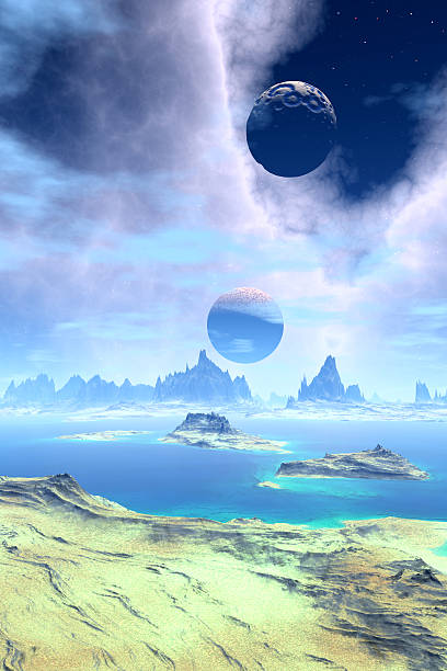 istock Fantasy alien planet. Mountain and lake. 3D illustration 611076664