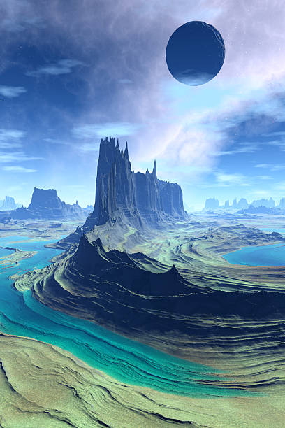 istock Fantasy alien planet. Mountain and lake. 3D illustration 611076748