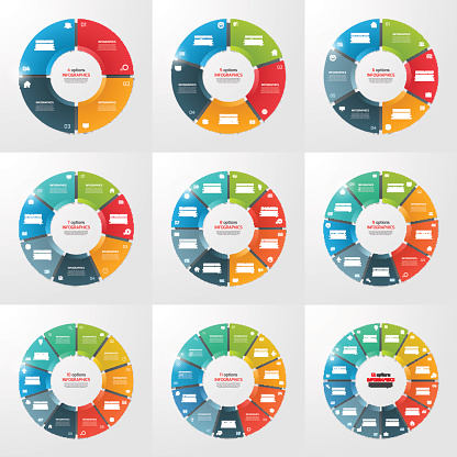 Set of pie chart circle infographic templates with 4-12 options, steps, parts, processes. Vector illustration.