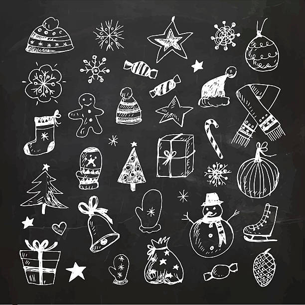illustrazioni stock, clip art, cartoni animati e icone di tendenza di set di doodle di natale alla lavagna - drawing symbol chalk blackboard