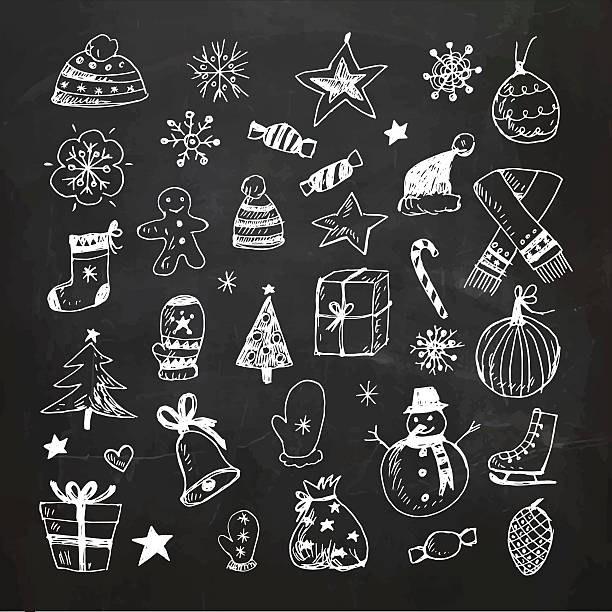 меловые доски рождественские каракули набор - drawing symbol chalk blackboard stock illustrations