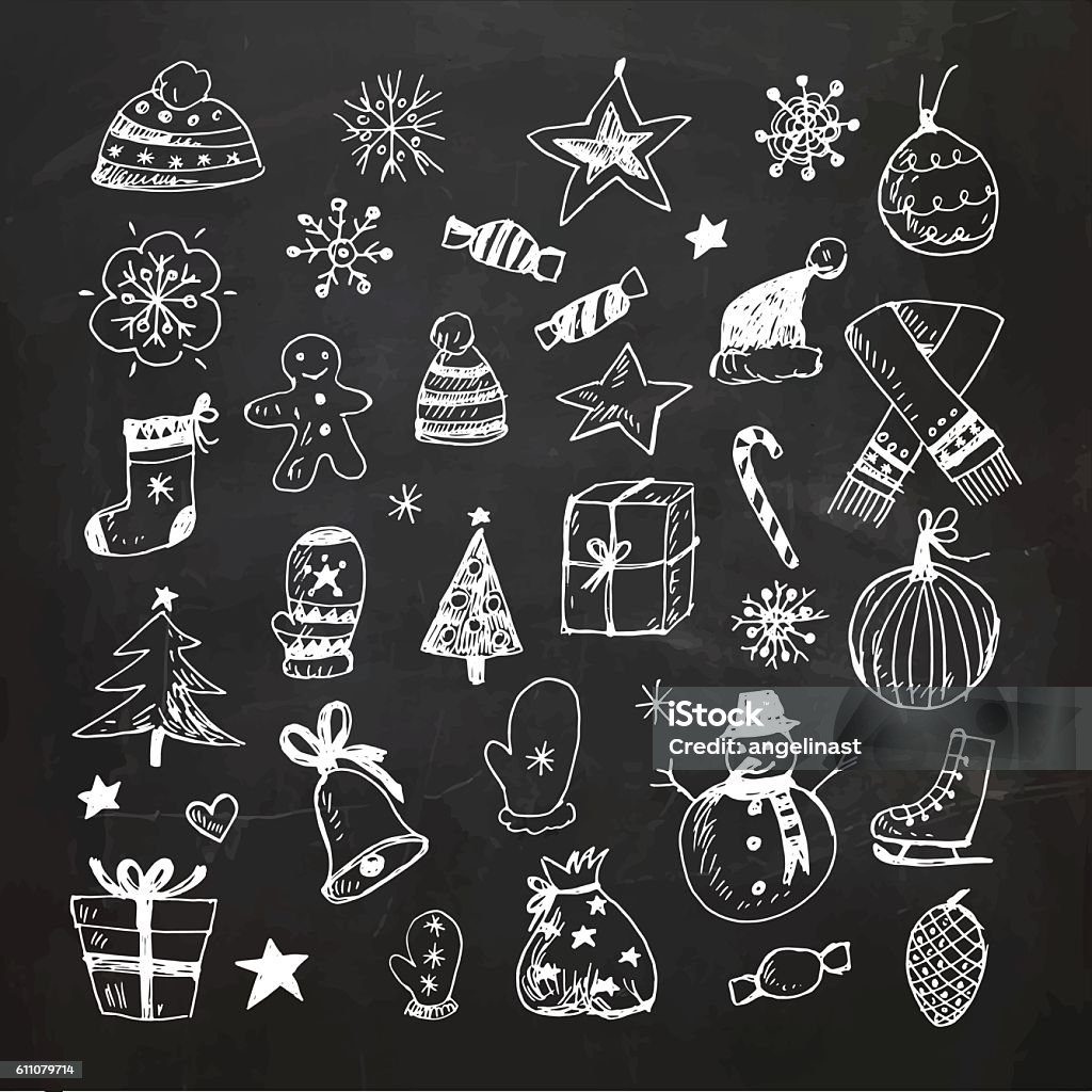 Chalkboard Christmas doodles set Vector Illustration.EPS10, Ai10, PDF, High-Res JPEG included. Hand- Drawn Christmas doodles on chalkboard Christmas stock vector