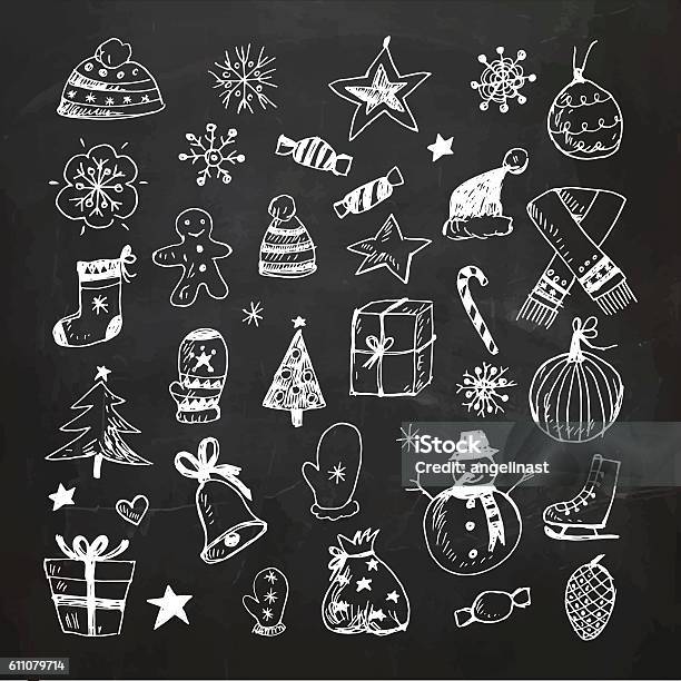 Chalkboard Christmas Doodles Set Stock Illustration - Download Image Now - Christmas, Chalk - Art Equipment, Chalk Drawing