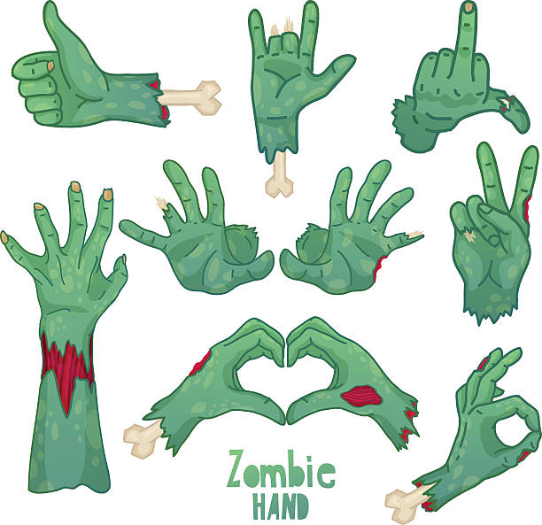Set of icons, symbols, pin with cartoon zombie hands. Set of icons, symbols, pin with cartoon zombie hands. Collection of gestures dead zombie hands for the Halloween. Funny hand dead people design elements. Vector drawings of zombies stock illustrations