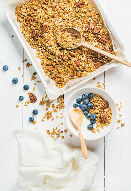 istock Oat granola with pecan nuts, yogurt and blueberry in bowl 611080306