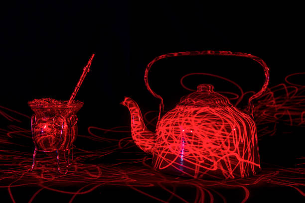 istock yerba matte and hot water kettle and red laser beam 611080466
