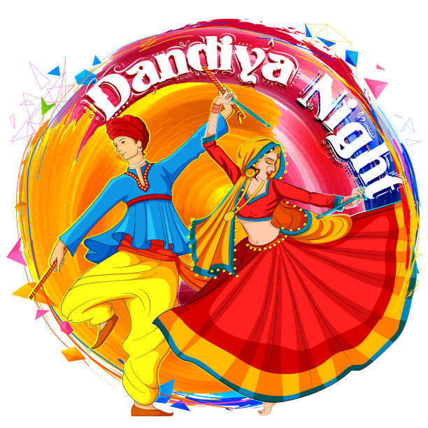 pasangan bermain dandiya di disko garba night poster untuk navratri - navaratri ilustrasi stok
