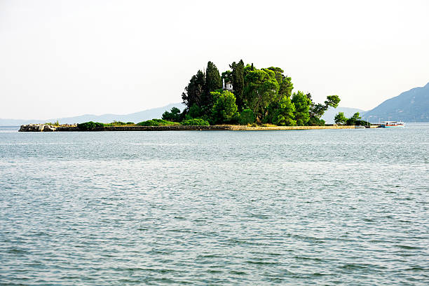 Pontikonisi and Vlacherna Monastery seen from Kanoni in Corfu, Greece.