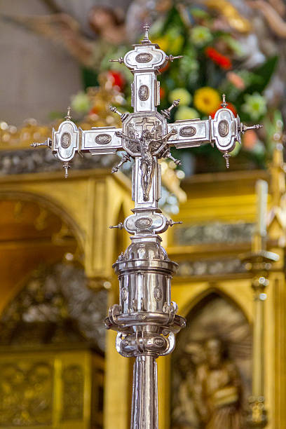 istock Christian cross motif in silver 611086550