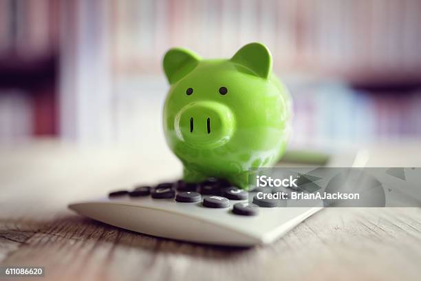 Foto de Piggy Bank Com Calculadora e mais fotos de stock de Verde - Descrição de Cor - Verde - Descrição de Cor, Finanças Domésticas, Orçamento