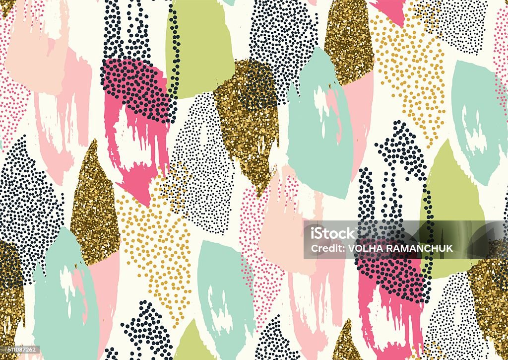 Seamless pattern with hand drawn gold glitter textured brush strokes Vector seamless pattern with hand drawn gold glitter textured brush strokes and stripes hand painted. Black, gold, white, pink, green, blue colors. Watercolor Painting stock vector