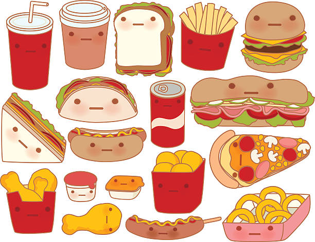 Collection of lovely food doodle icon in manga cartoon style Collection of lovely baby food doodle icon , cute hamburger , adorable sandwich , sweet pizza , kawaii coffee , girly taco in childlike manga cartoon style - Vector file EPS10 nuggets heat stock illustrations