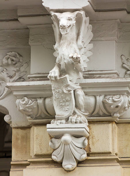istock Carved stone details in a building 611089650