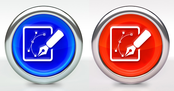 Sketching Graphs Icon on Button with Metallic Rim. The icon comes in two versions blue and red and has a shiny metallic rim. The buttons have a slight shadow and are on a white background. The modern look of the buttons is very clean and will work perfectly for websites and mobile aps.