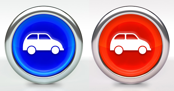 Car Icon on Button with Metallic Rim. The icon comes in two versions blue and red and has a shiny metallic rim. The buttons have a slight shadow and are on a white background. The modern look of the buttons is very clean and will work perfectly for websites and mobile aps.