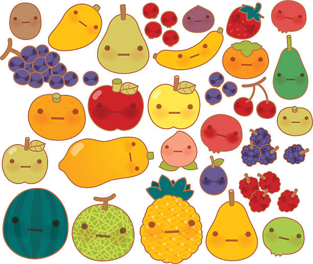 Collection of lovely baby fruit and vegetable doodle icon Collection of lovely baby fruit and vegetable doodle icon , cute strawberry , adorable apple , sweet cherry , kawaii banana , girly mango in childlike manga cartoon style - Vector file EPS10 grape pruning stock illustrations