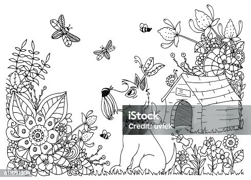 istock Vector illustration zentangl, dog kennel and in flowers. Doodle floral 611091304