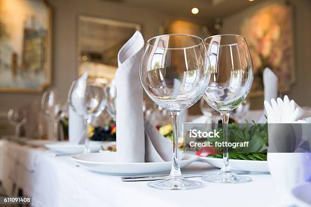 Restaurant Table With Glasses And Napkins Stock Photo - Download Image Now - Dinner, Wine, Drinking Glass