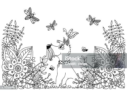 istock Vector illustration zentangl dog in flowers. Doodle floral drawing. A 611091418