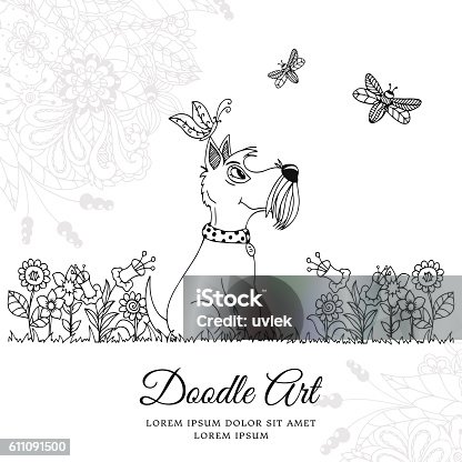 istock Vector illustration zentangl dog in flowers. Doodle floral drawing. A 611091500