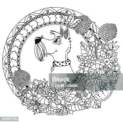 istock Vector illustration zentangl dog in a circular floral frame. Doodle 611091794