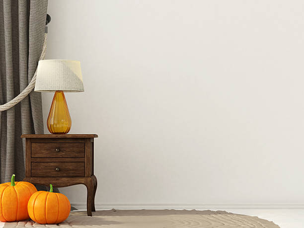 istock Interior decoration for Halloween with wooden bedside table 611092072