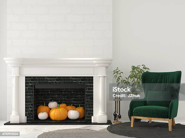 Interior Decoration For Halloween With Classic Fireplace Stock Photo - Download Image Now
