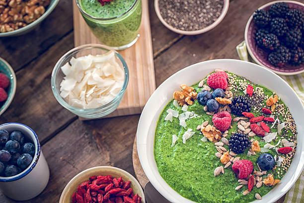 istock Green Breakfast Smoothie in Bowl with Superfoods on Top 611092990