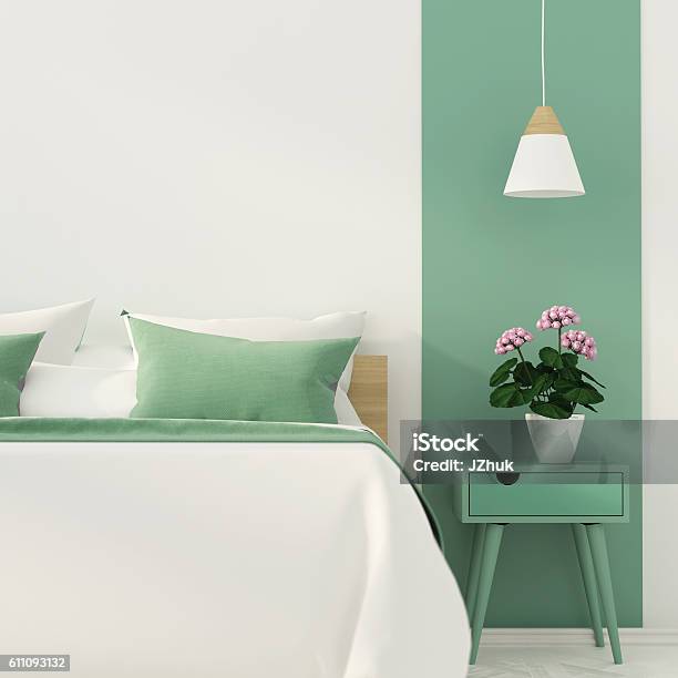 Elegante Dormitorio Con Decoración Verde Foto de stock y más banco de imágenes de Decoración - Artículos domésticos - Decoración - Artículos domésticos, Verde - Color, Dormitorio - Habitación