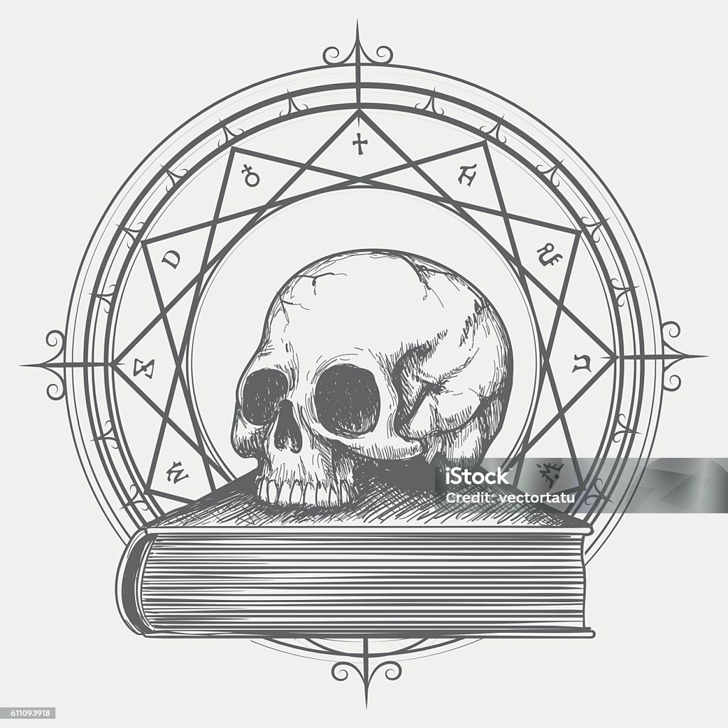 Magic book sketch with skull Magic book sketch. Esoteric concept of human skull on occult book hand drawn vector illustration Covering stock vector