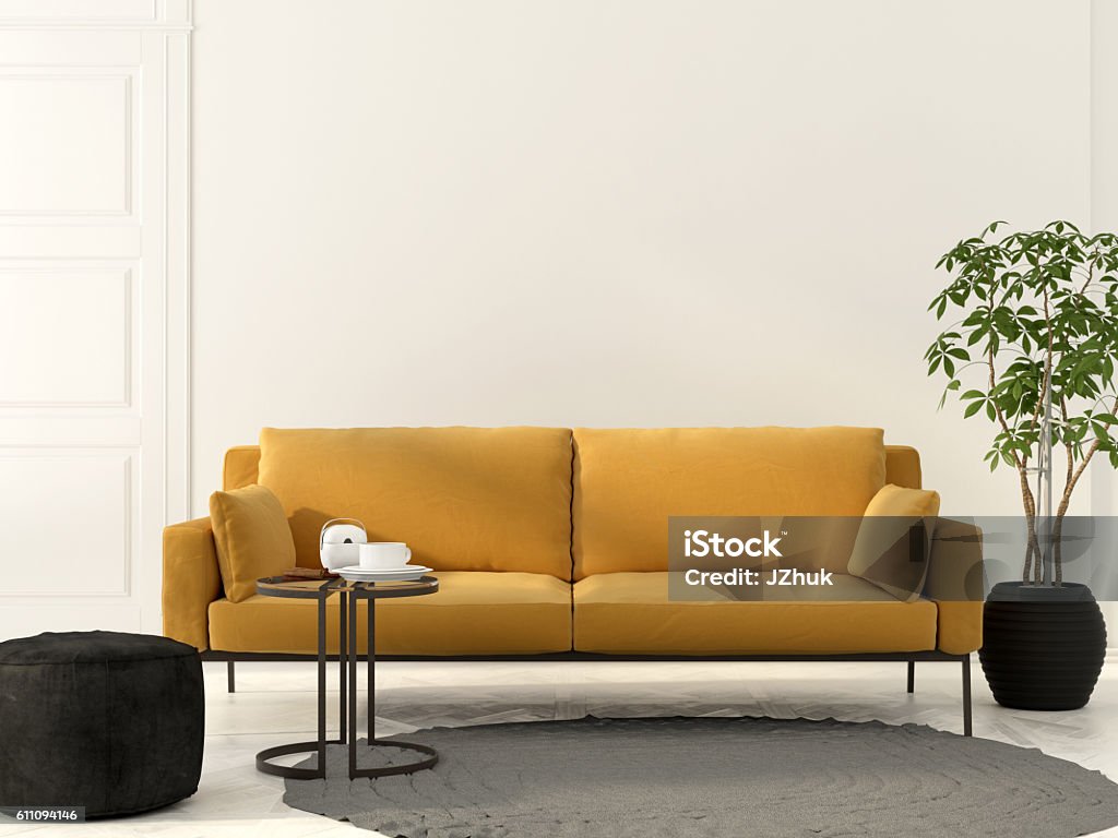Living room with yellow sofa 3D illustration. Interior of the living room with yellow sofa Yellow Stock Photo