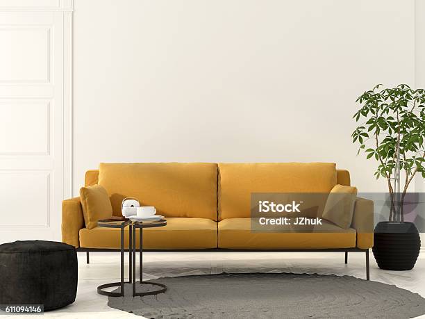 Living Room With Yellow Sofa Stock Photo - Download Image Now - Yellow, Sofa, Cushion
