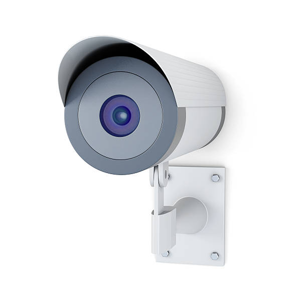 câmera de vigilância isolada em fundo branco. renderização 3d - video three dimensional shape surveillance watching - fotografias e filmes do acervo