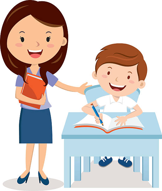 Teacher and school boy Vector illustration of a cheerful teacher with student. kids classroomv stock illustrations