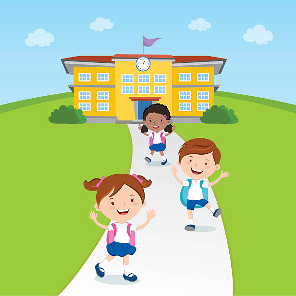 Student going home from school Vector illustration of a school kids and school building. schoolgirl uniform stock illustrations