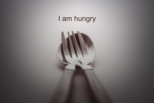Fork and spoon on white background /i am hungry concept