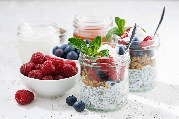 istock Breakfast in a jar with chia, berries and oat flakes 611100318