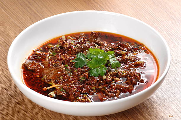 Boiled Sliced Beef in Hot Chili Oil (Shui Zhu Niu Rou 水煮牛肉),  a typical Szechuan cuisine in China.