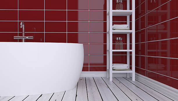 istock Modern interior of a bathroom in a city apartment. 3D Render 611101116