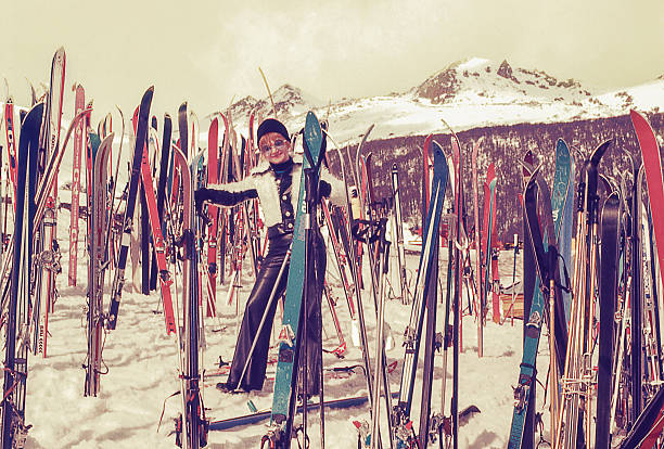 istock Vintage woman in a ski resort 611102448