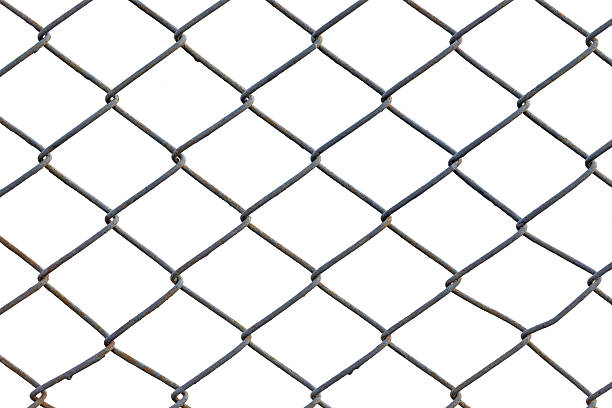 istock Metal grid fence isolated on white background 611102868