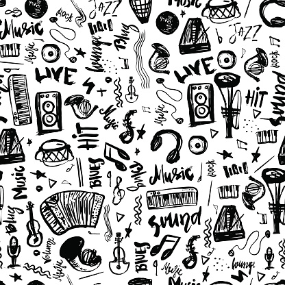 Music symbols funny hand drawn seamless pattern with hand drawn elemens and lettering