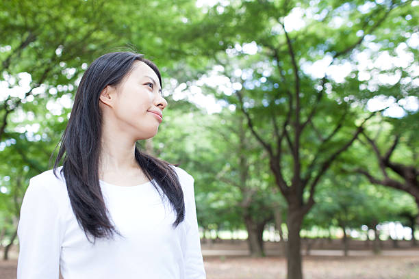 istock Japanese woman in a park 611105296