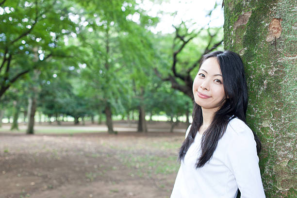 istock Japanese woman in a park 611105584
